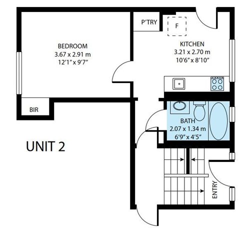 A floor plan of a unit with a bedroom, kitchen, and bathroom.